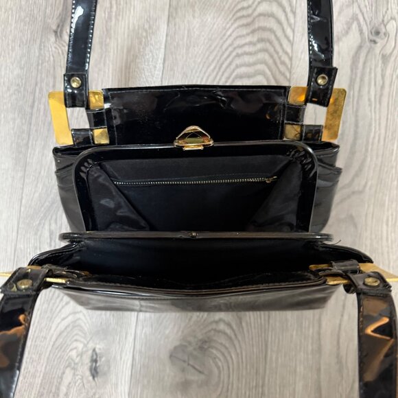Lux Black Patent Leather Handbag Glossy VTG 60s Top Handles Gold Tone Hardware - Picture 7 of 14